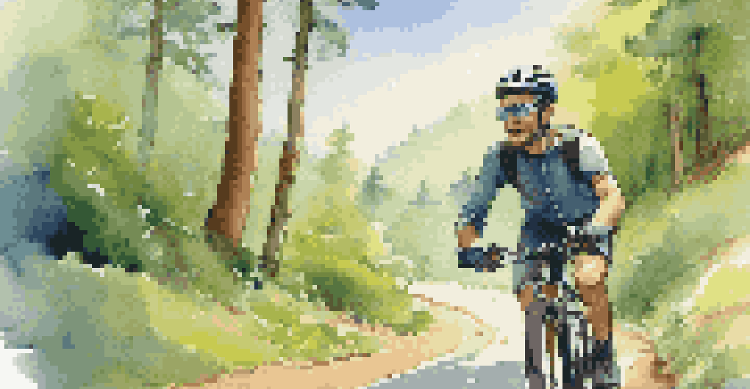 An outdoor explorer on a bike wearing smart glasses that display navigation instructions against a scenic nature backdrop.