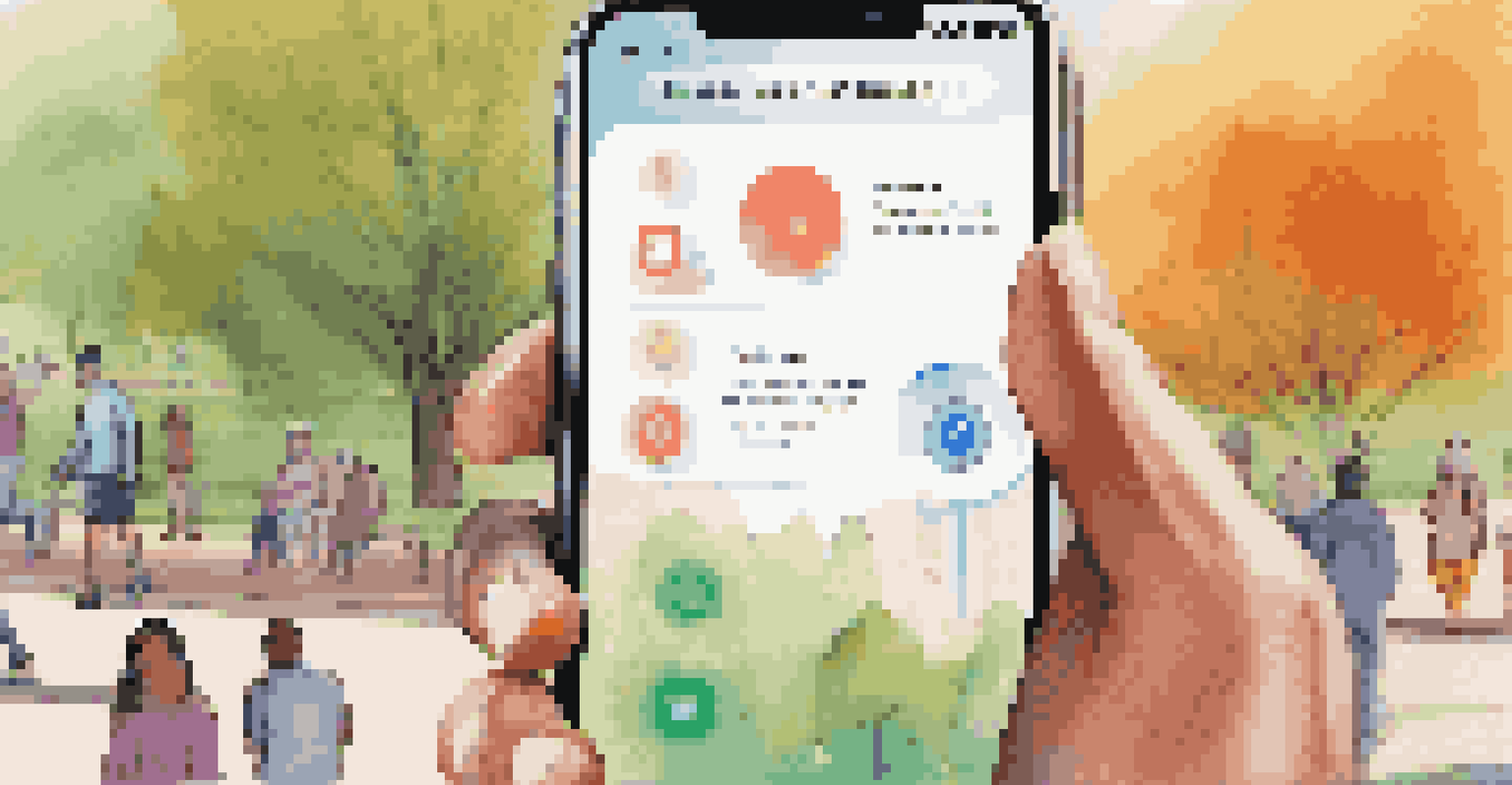 A smartphone close-up showing a contact tracing app interface with notifications, set against a blurred background of people in a park.