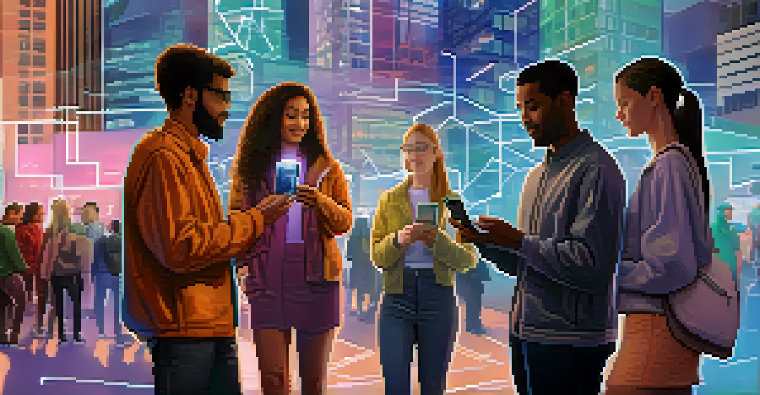 A group of diverse individuals using smartphones with holographic interfaces for digital identity management in an urban setting.