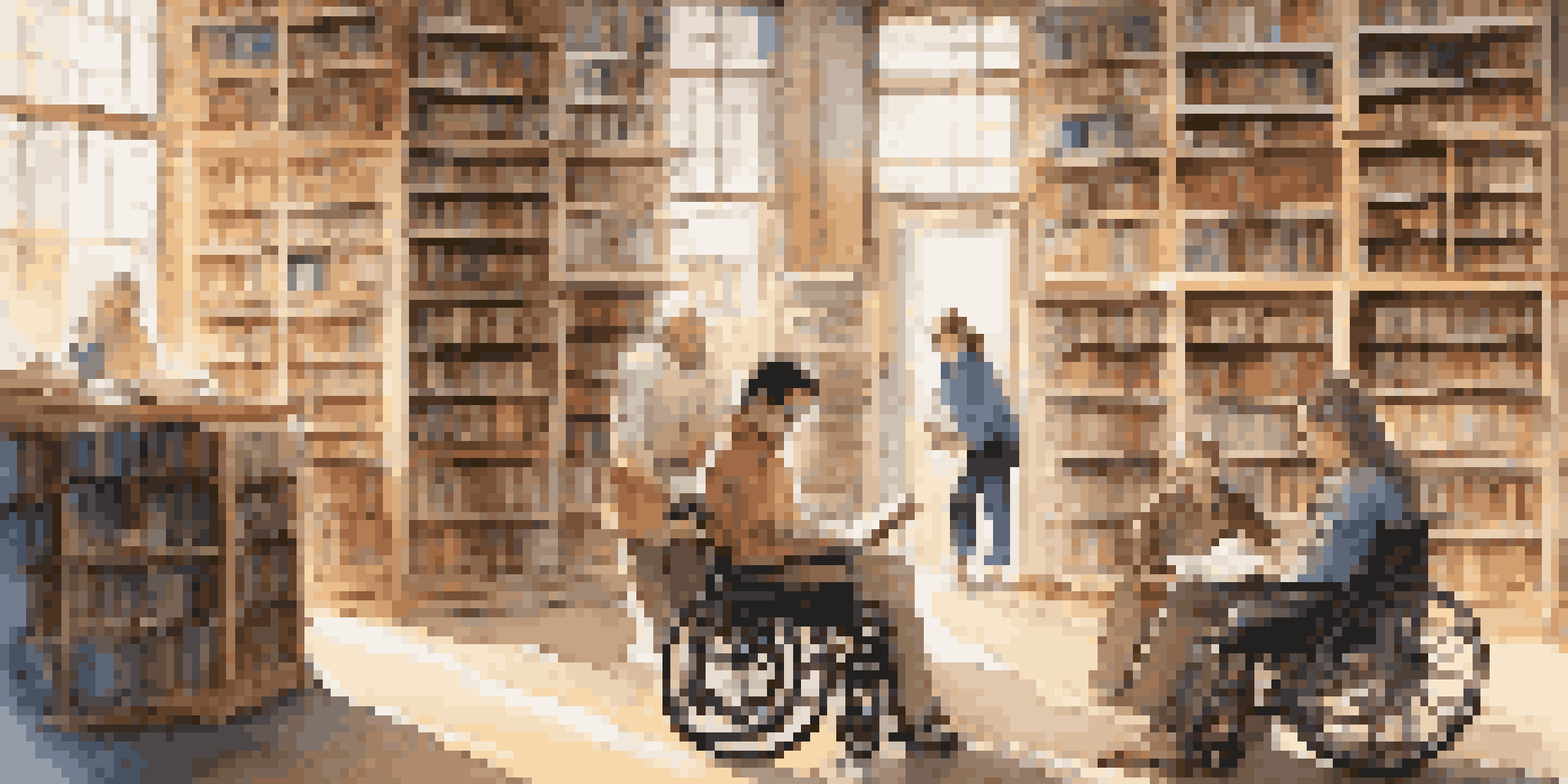 A cozy library with large windows, featuring a diverse group of individuals, including a person in a wheelchair and someone using sign language, immersed in reading books in different languages.