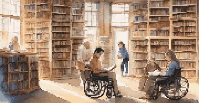 A cozy library with large windows, featuring a diverse group of individuals, including a person in a wheelchair and someone using sign language, immersed in reading books in different languages.