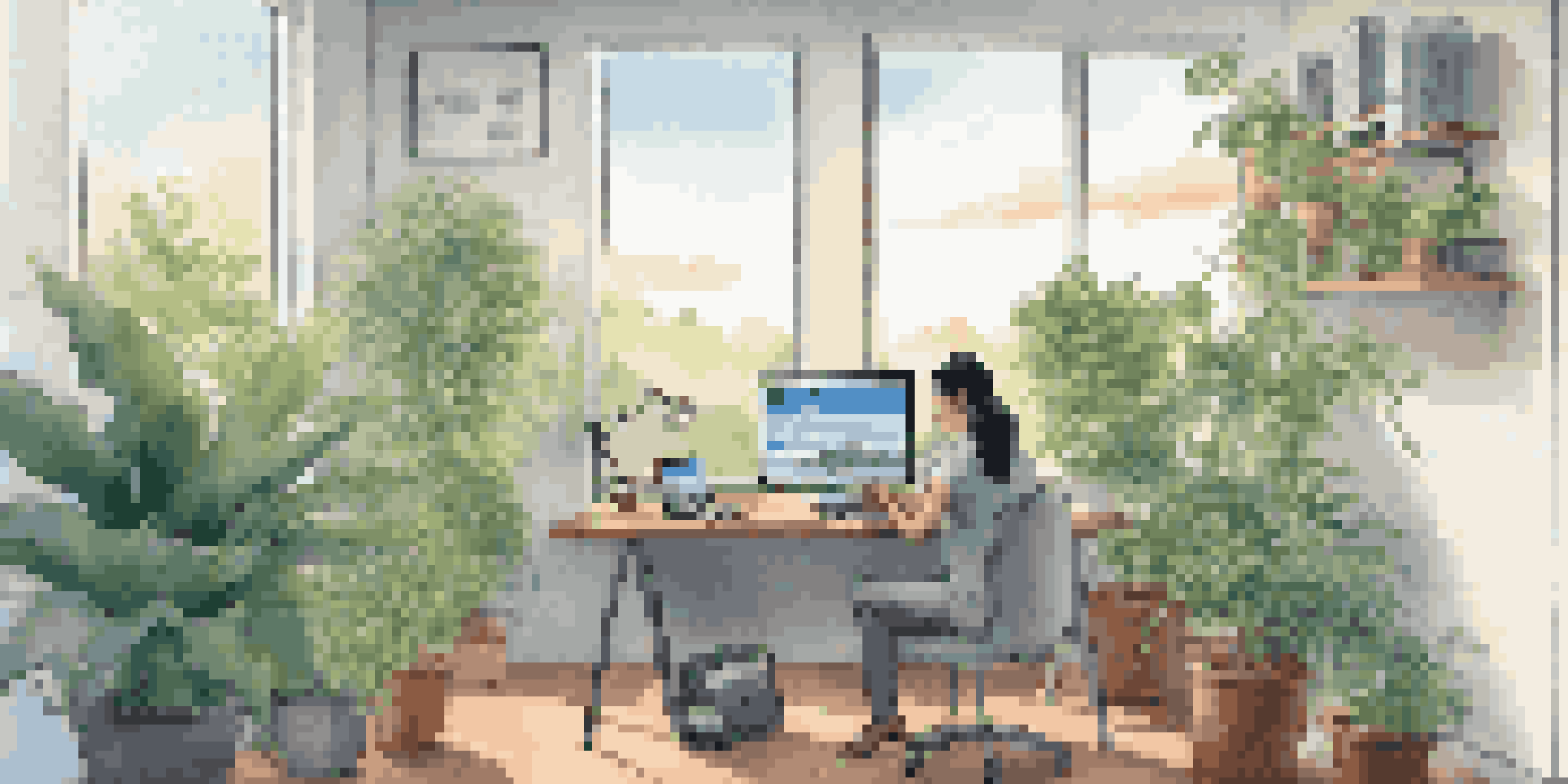 A modern office setup with a laptop showing a VPN interface, surrounded by plants and bright natural light.