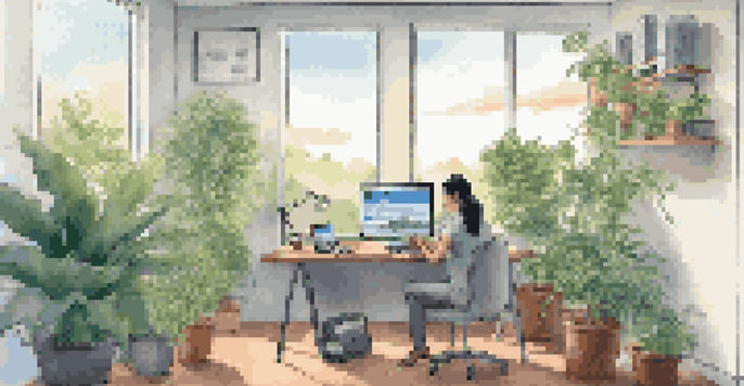 A modern office setup with a laptop showing a VPN interface, surrounded by plants and bright natural light.