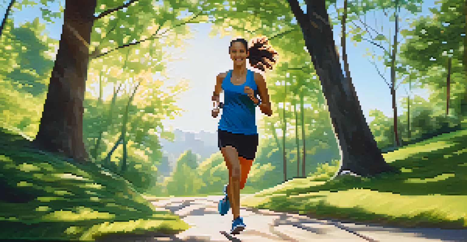 A person jogging in a park, wearing a fitness tracker on their wrist, surrounded by trees and a blue sky.
