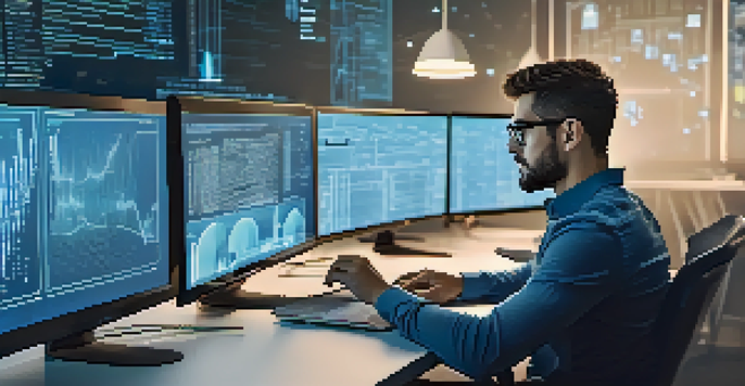 A mobile app developer working at a desk with multiple screens, focusing on security analytics and biometric authentication.