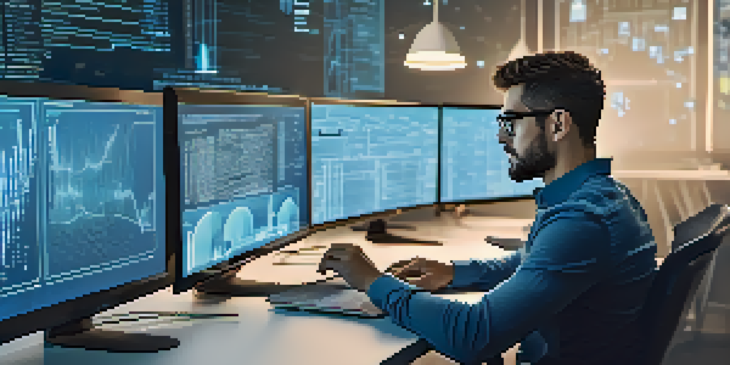 A mobile app developer working at a desk with multiple screens, focusing on security analytics and biometric authentication.