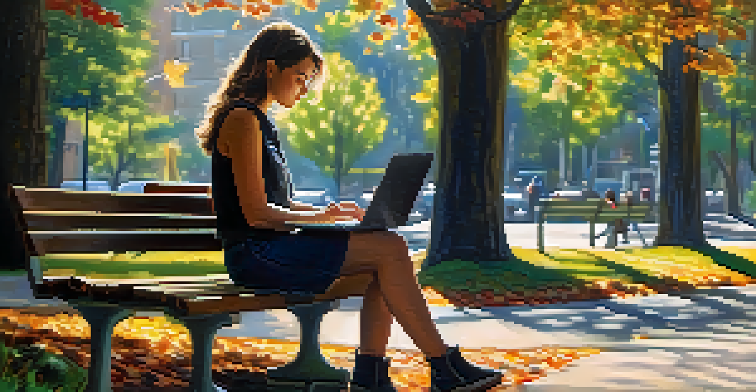 A young woman sitting on a bench using a laptop to analyze social media sentiment in a sunny outdoor setting surrounded by colorful leaves.