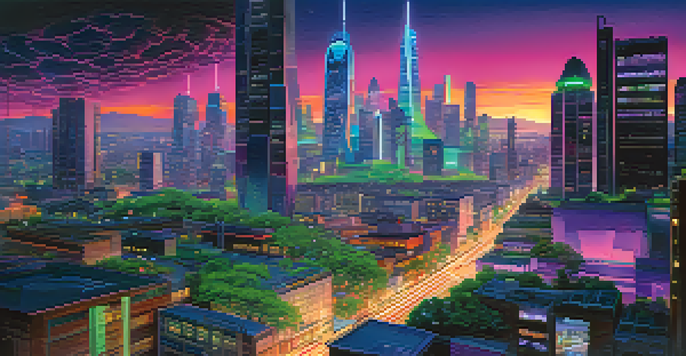 A vibrant futuristic city with smart devices and glowing data streams between buildings, highlighting modern architecture and greenery.