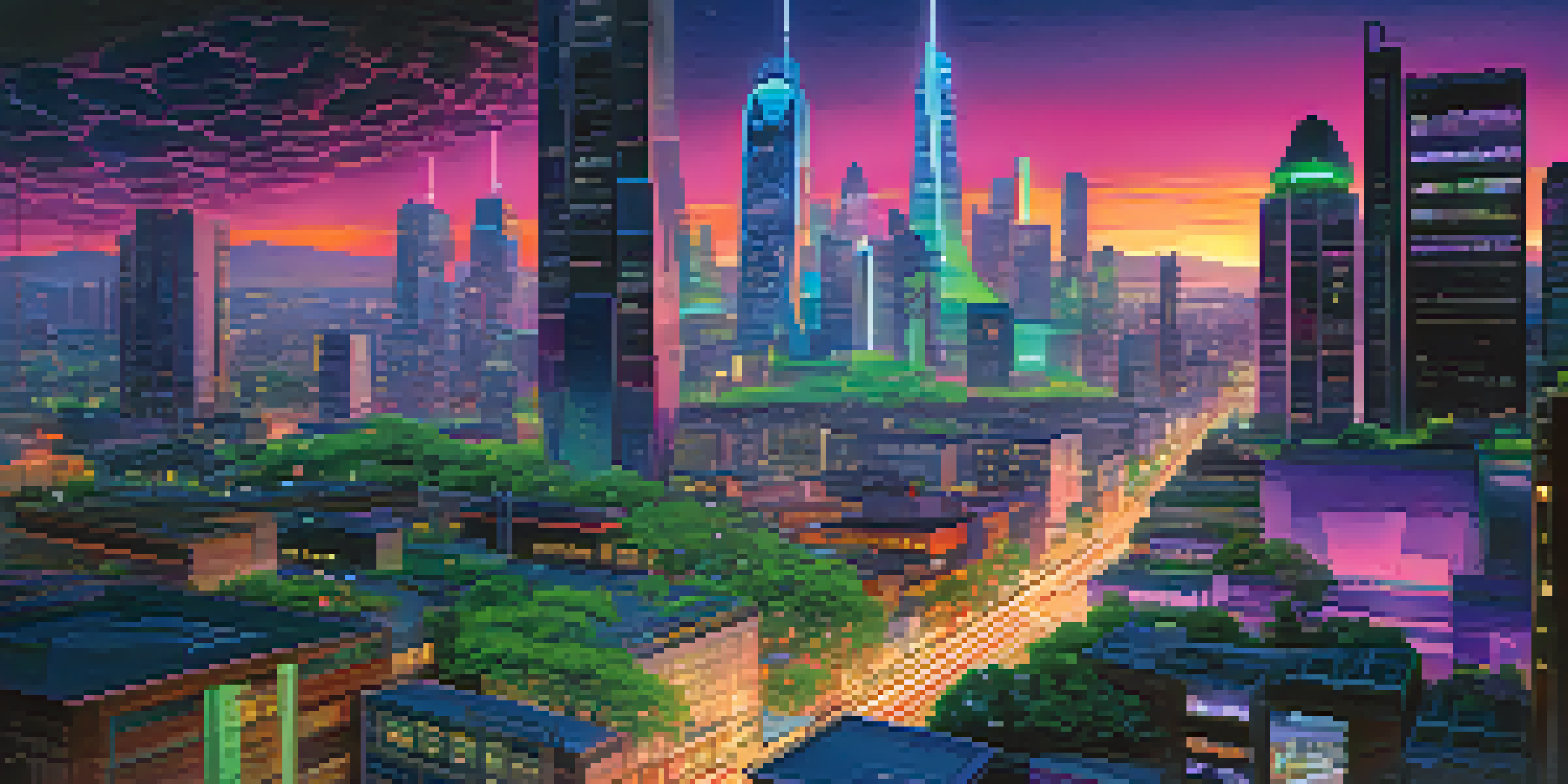A vibrant futuristic city with smart devices and glowing data streams between buildings, highlighting modern architecture and greenery.