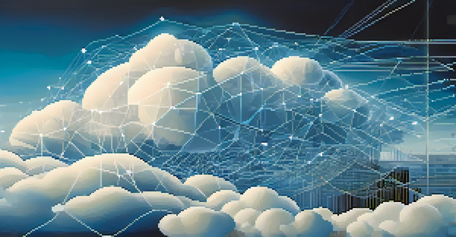 An abstract representation of serverless computing, with a cloud and interconnected nodes, set against a gradient background.