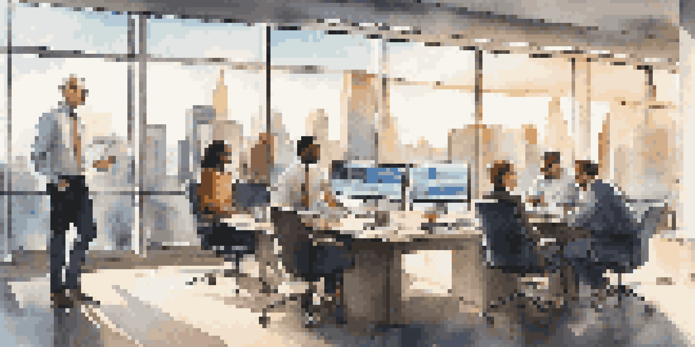 A diverse team of financial professionals collaborating in a modern office with laptops and digital displays.