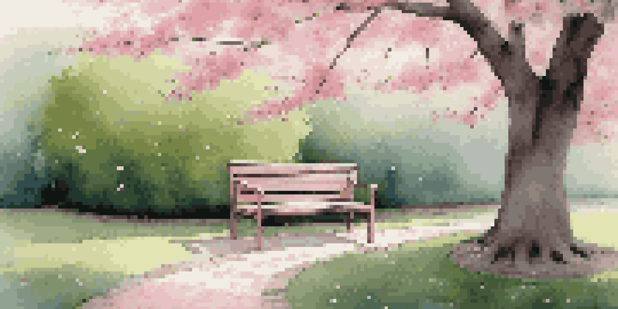 A peaceful garden with a bench under a cherry blossom tree, surrounded by pink petals and green grass.