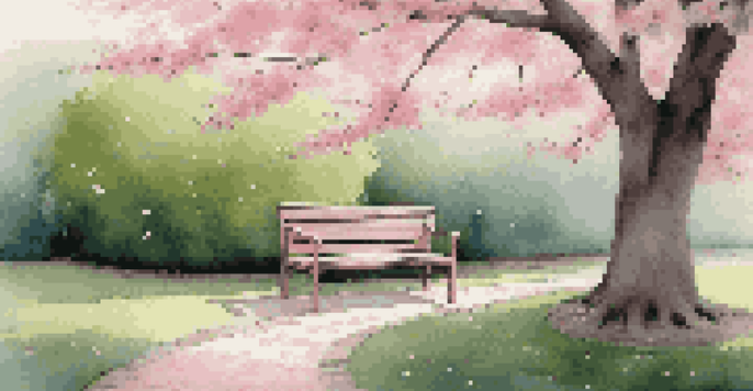 A peaceful garden with a bench under a cherry blossom tree, surrounded by pink petals and green grass.