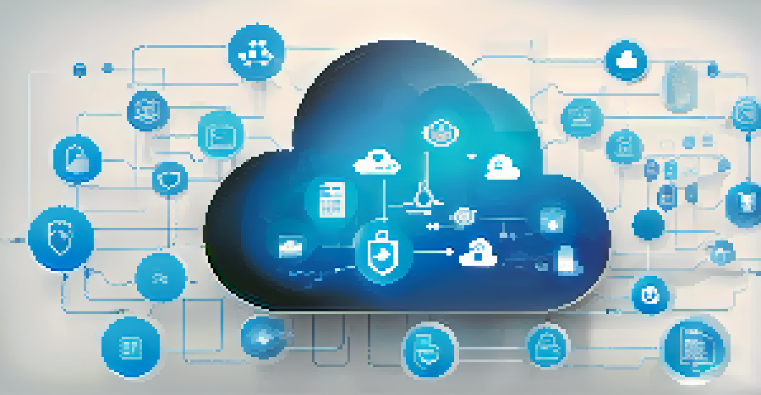 A digital illustration of a cloud filled with data management icons against a blue gradient background, symbolizing technology.