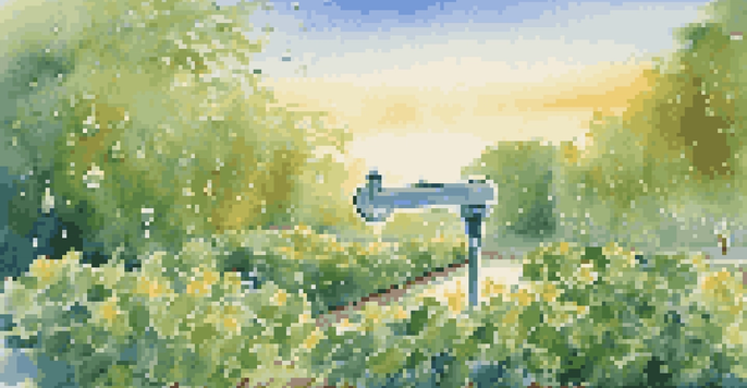 A lush garden with a smart irrigation system, showcasing healthy plants and glistening water droplets under a sunset sky.