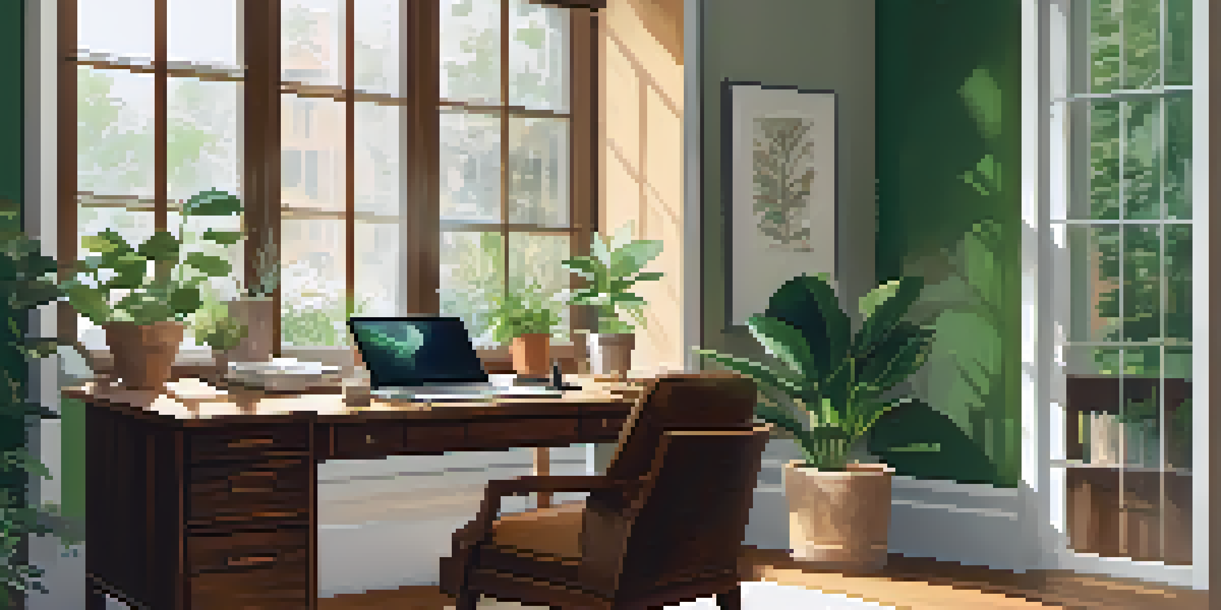 A bright and organized indoor workspace with a wooden desk, laptop, and potted plant, illuminated by natural light from a large window overlooking a garden.