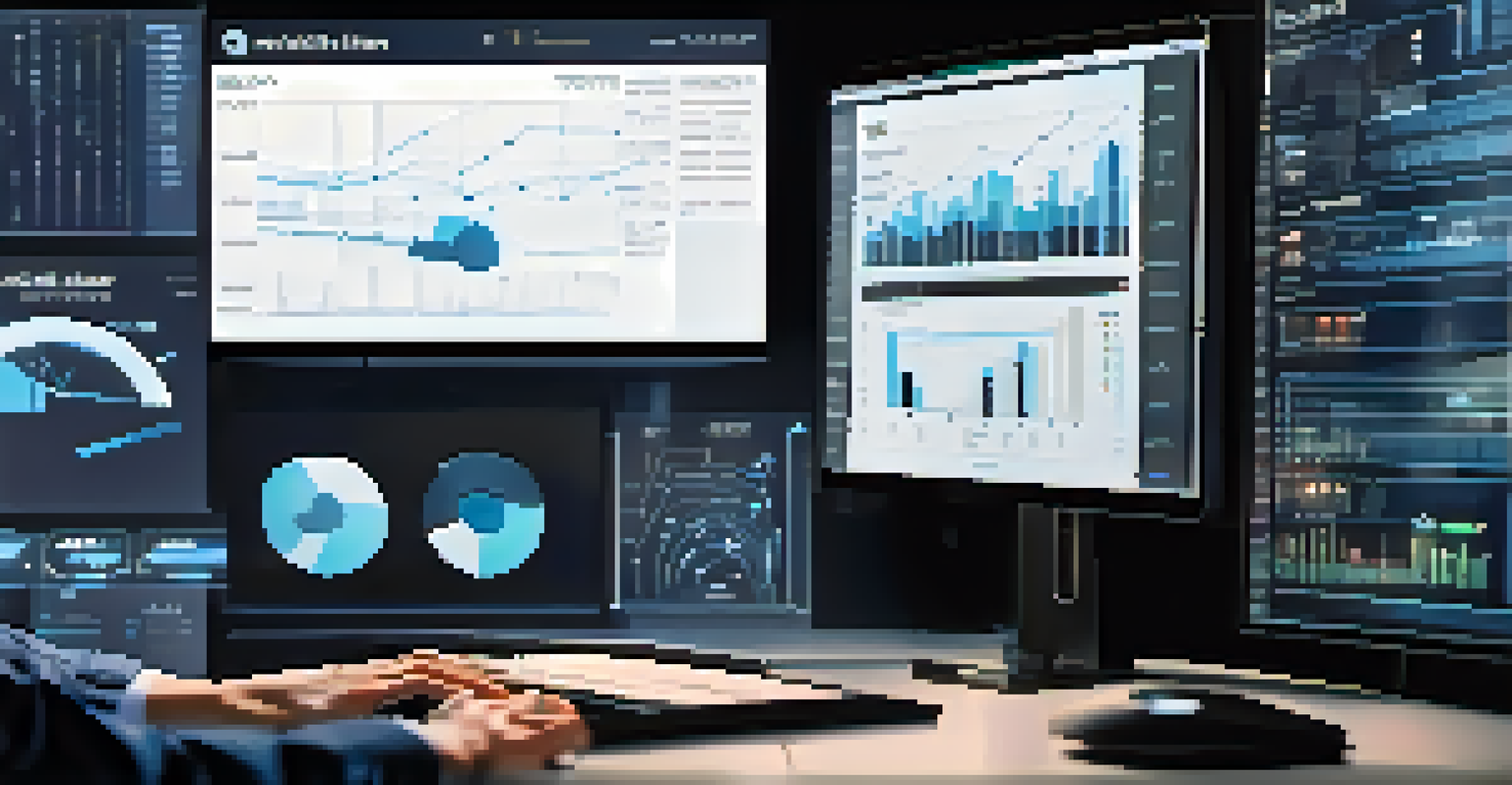 A close-up of a computer screen showing real-time data analytics with graphs, and a hand interacting with the touch interface in a business environment.