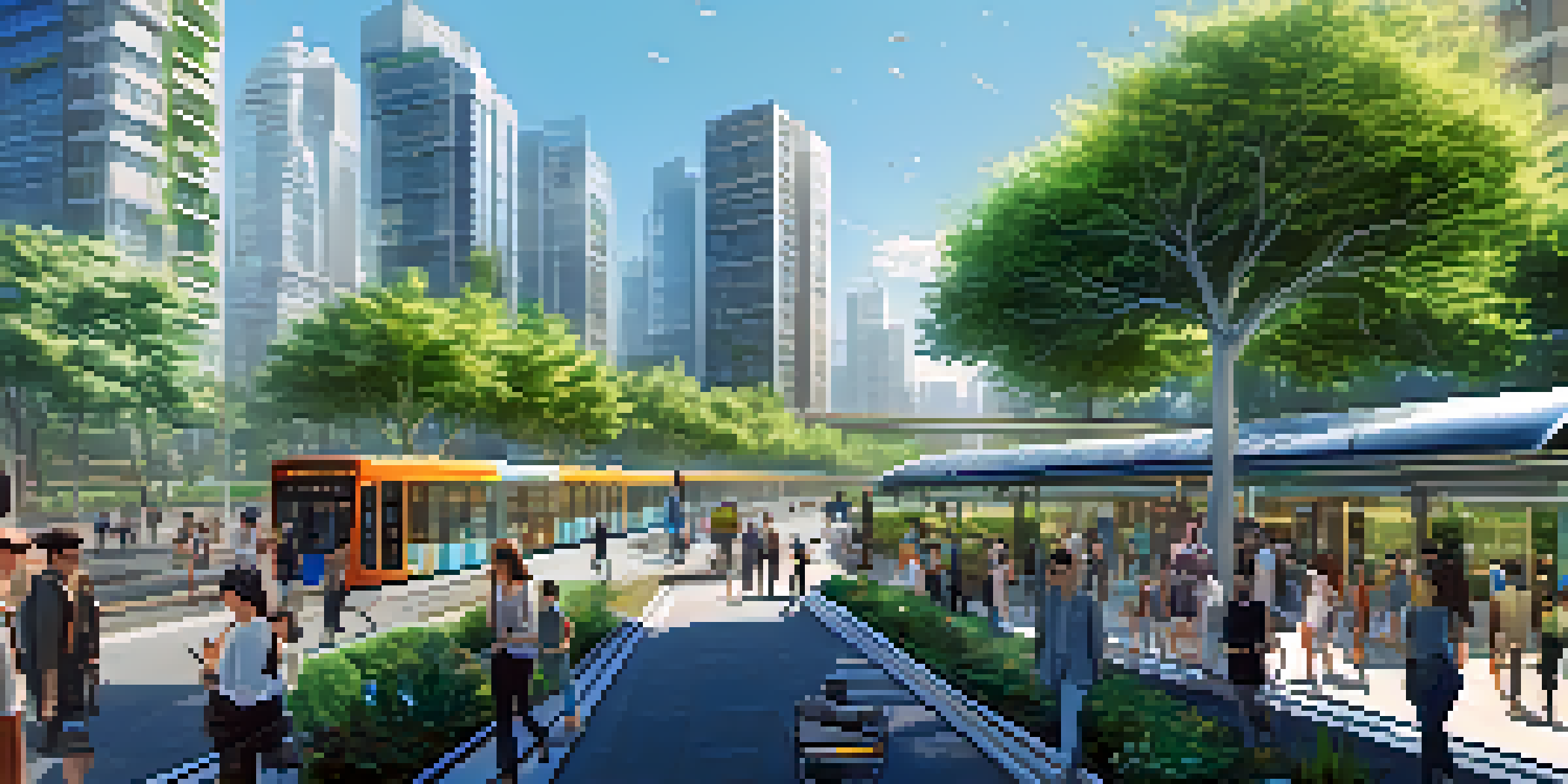 A lively urban environment with smart traffic lights and people using mobile devices in a green cityscape.