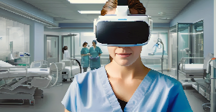 A nursing student in scrubs using a virtual reality headset in a bright hospital setting, surrounded by medical equipment and a digital patient.