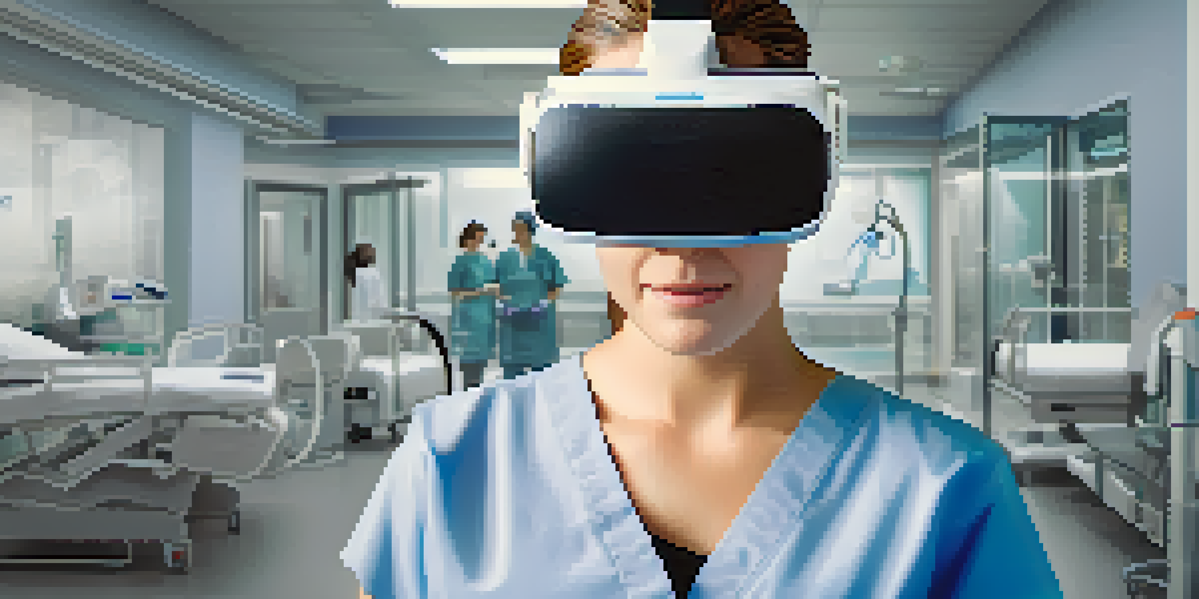 A nursing student in scrubs using a virtual reality headset in a bright hospital setting, surrounded by medical equipment and a digital patient.