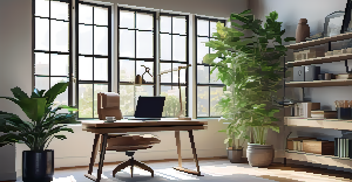 A modern office desk with a laptop, notepads, and a coffee cup, surrounded by plants and natural light.