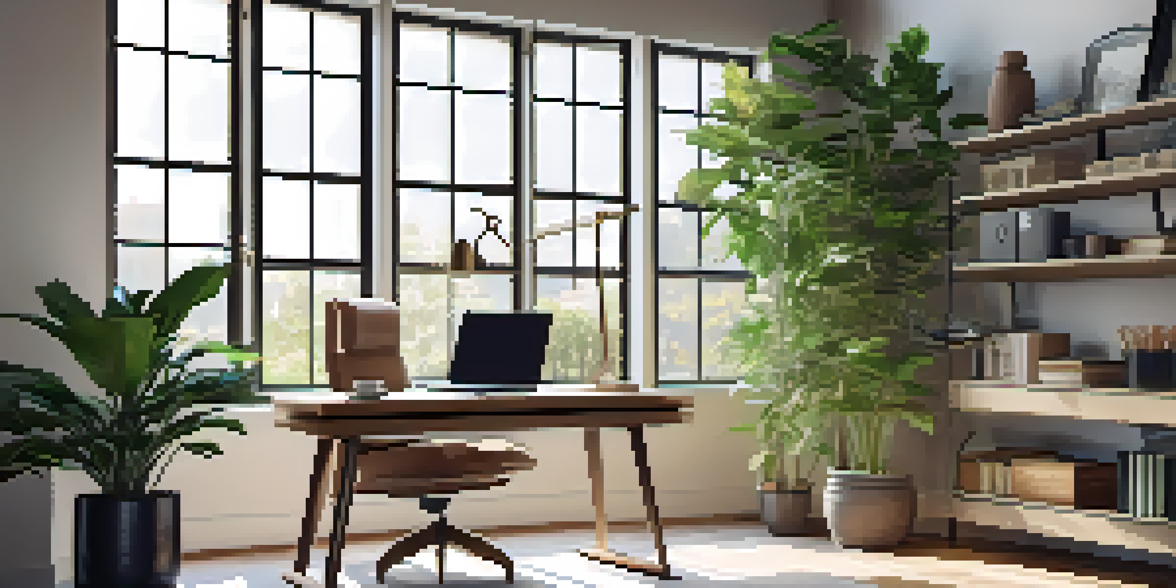 A modern office desk with a laptop, notepads, and a coffee cup, surrounded by plants and natural light.