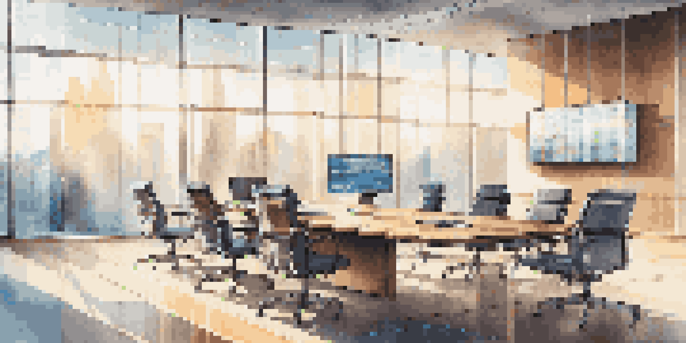 A modern financial office with a digital screen showing data analytics, sunlight streaming through windows, and a polished conference table.