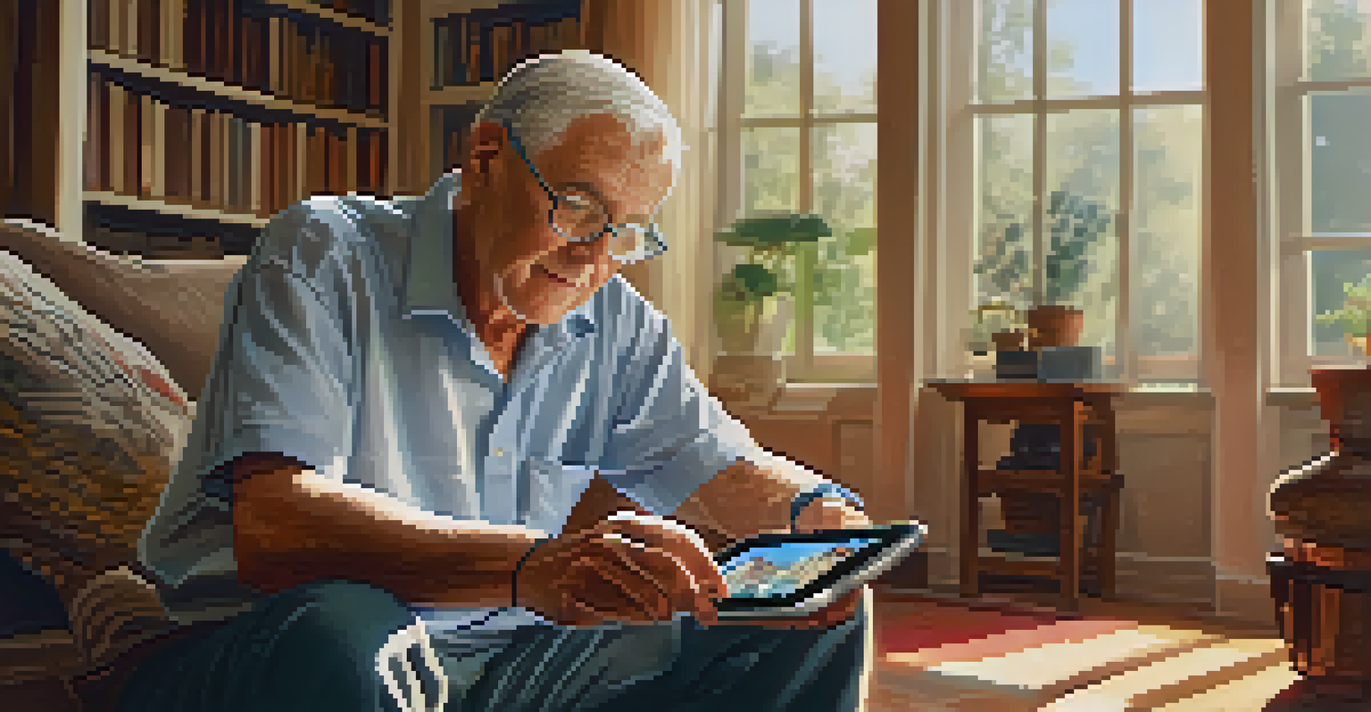 An elderly man in a cozy living room checking his wearable health device, with sunlight streaming through the window and family photos in the background.