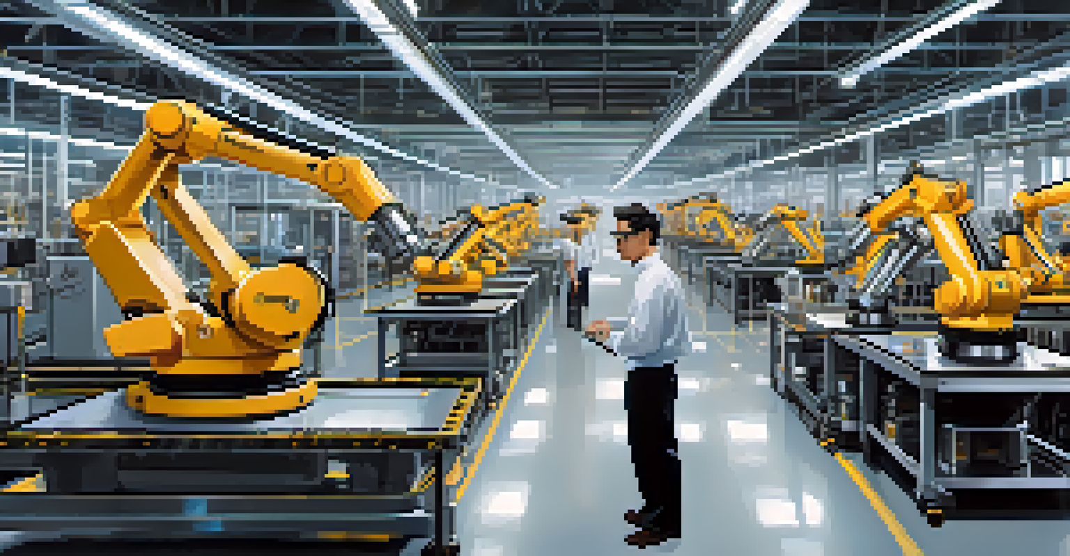 A technician using augmented reality glasses in an industrial assembly line surrounded by machines.