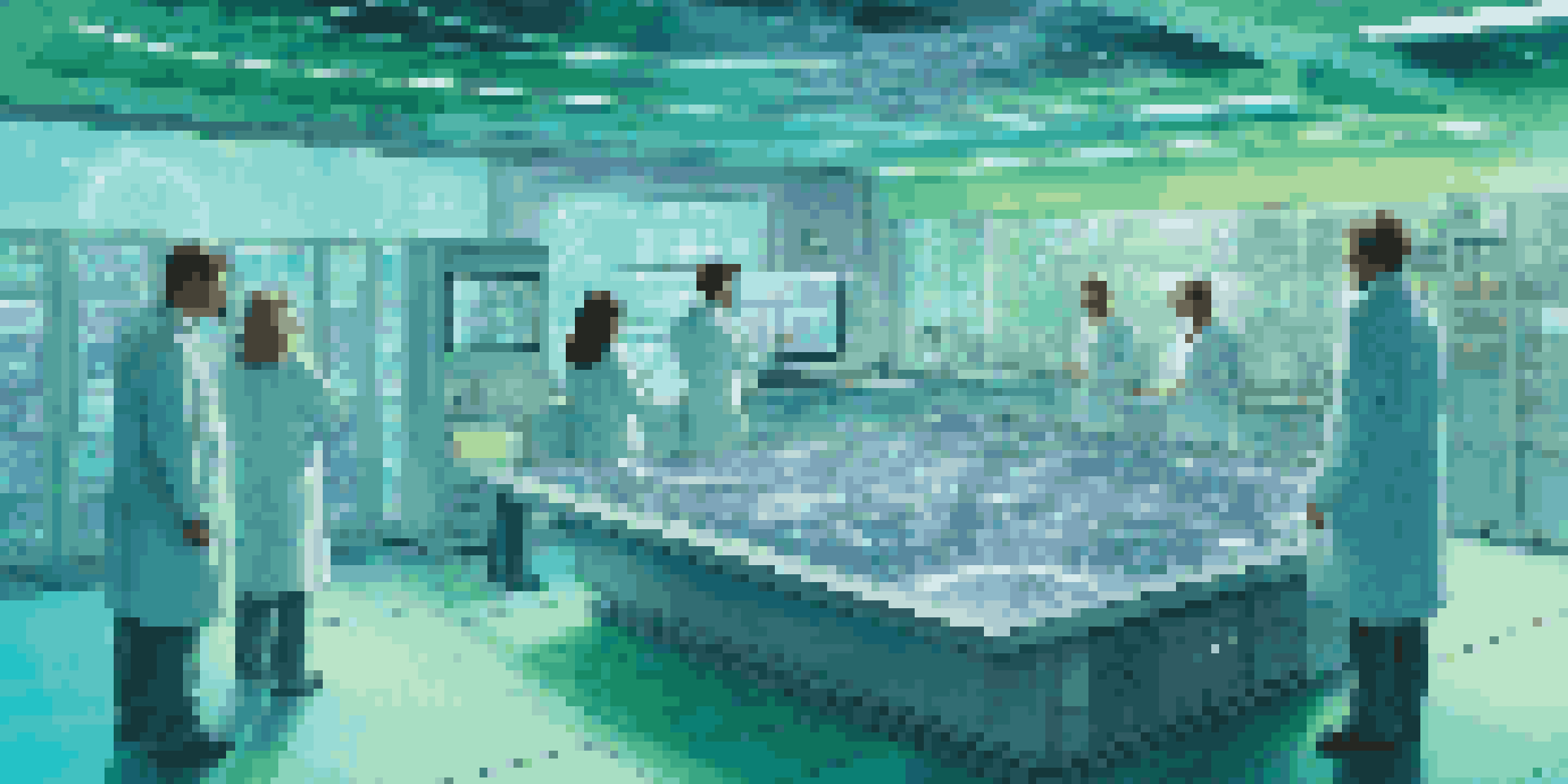A futuristic laboratory with a quantum computer and scientists examining holographic displays.