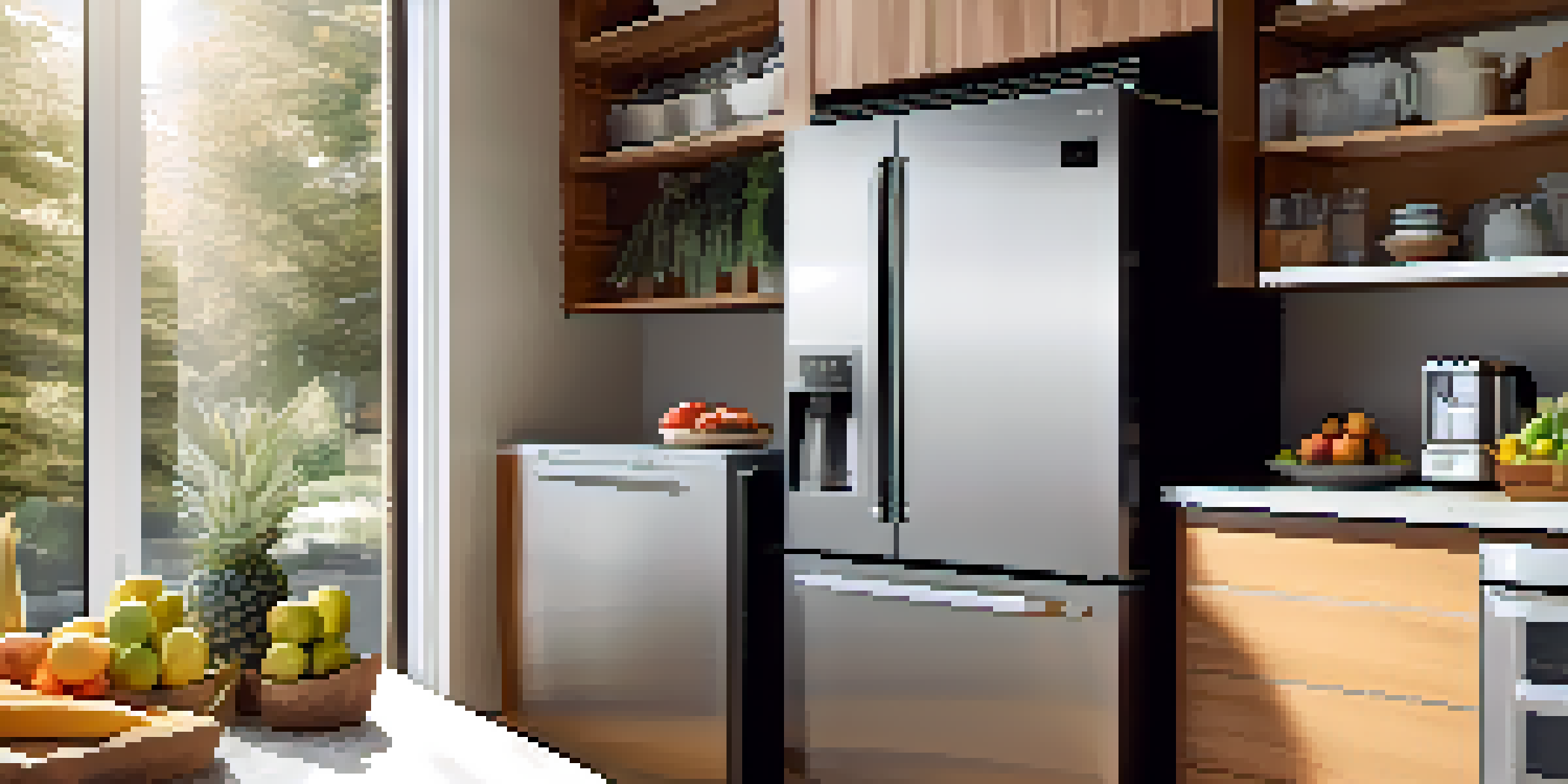 A modern kitchen with a smart fridge displaying a grocery list, surrounded by wooden cabinets and sunlight illuminating the space.