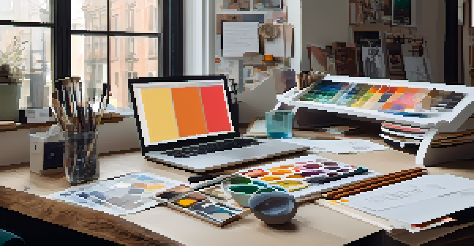 An artist's workspace featuring a mood board and design materials, with natural light illuminating the area.