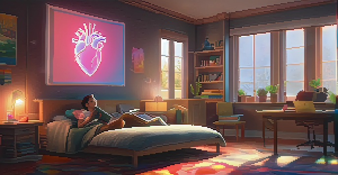 A student interacts with a holographic model of a heart in a home study environment, surrounded by books.