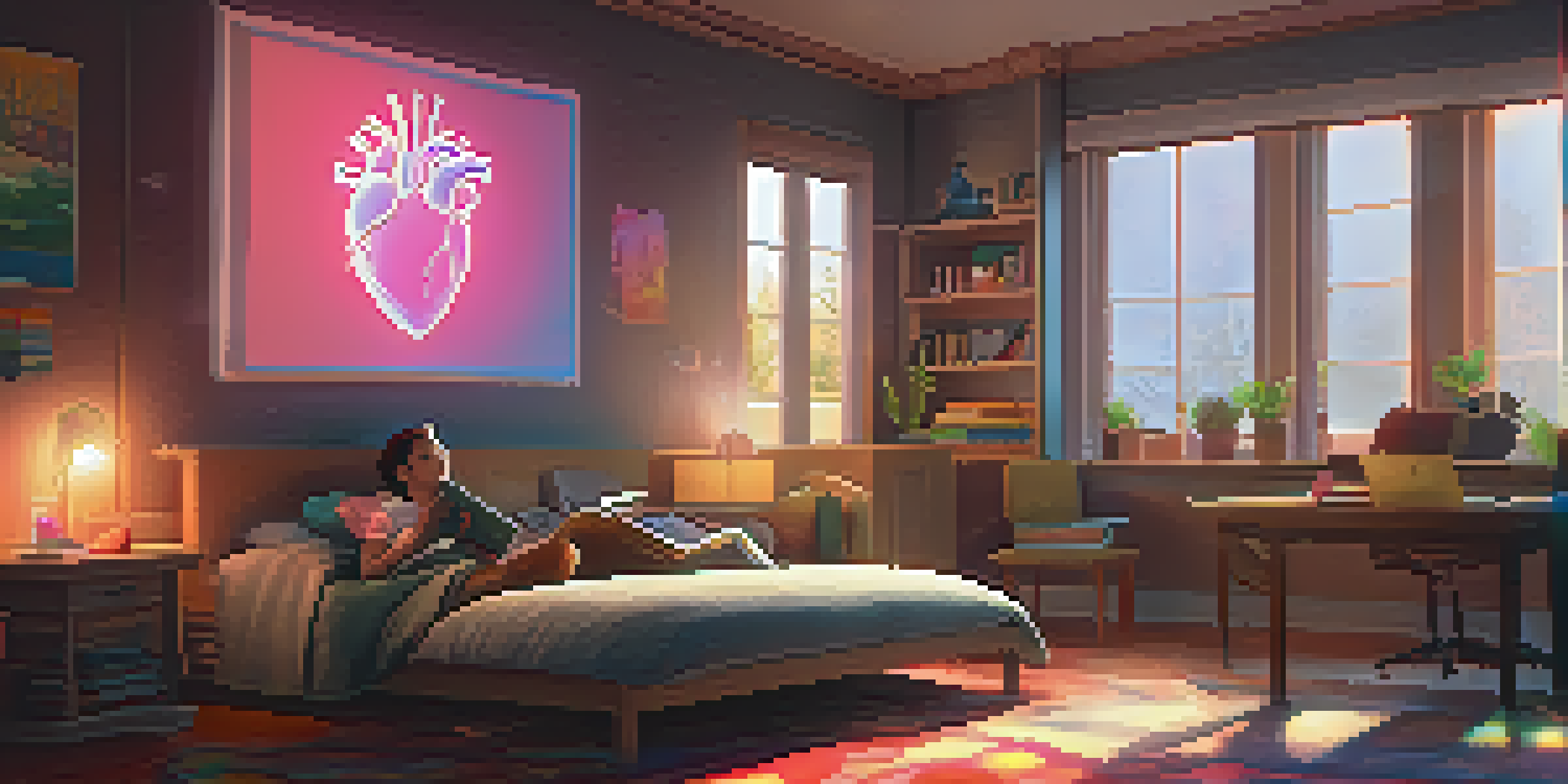 A student interacts with a holographic model of a heart in a home study environment, surrounded by books.