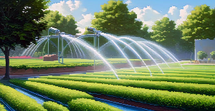 A sunny landscape with a smart irrigation system watering lush green crops under a blue sky.