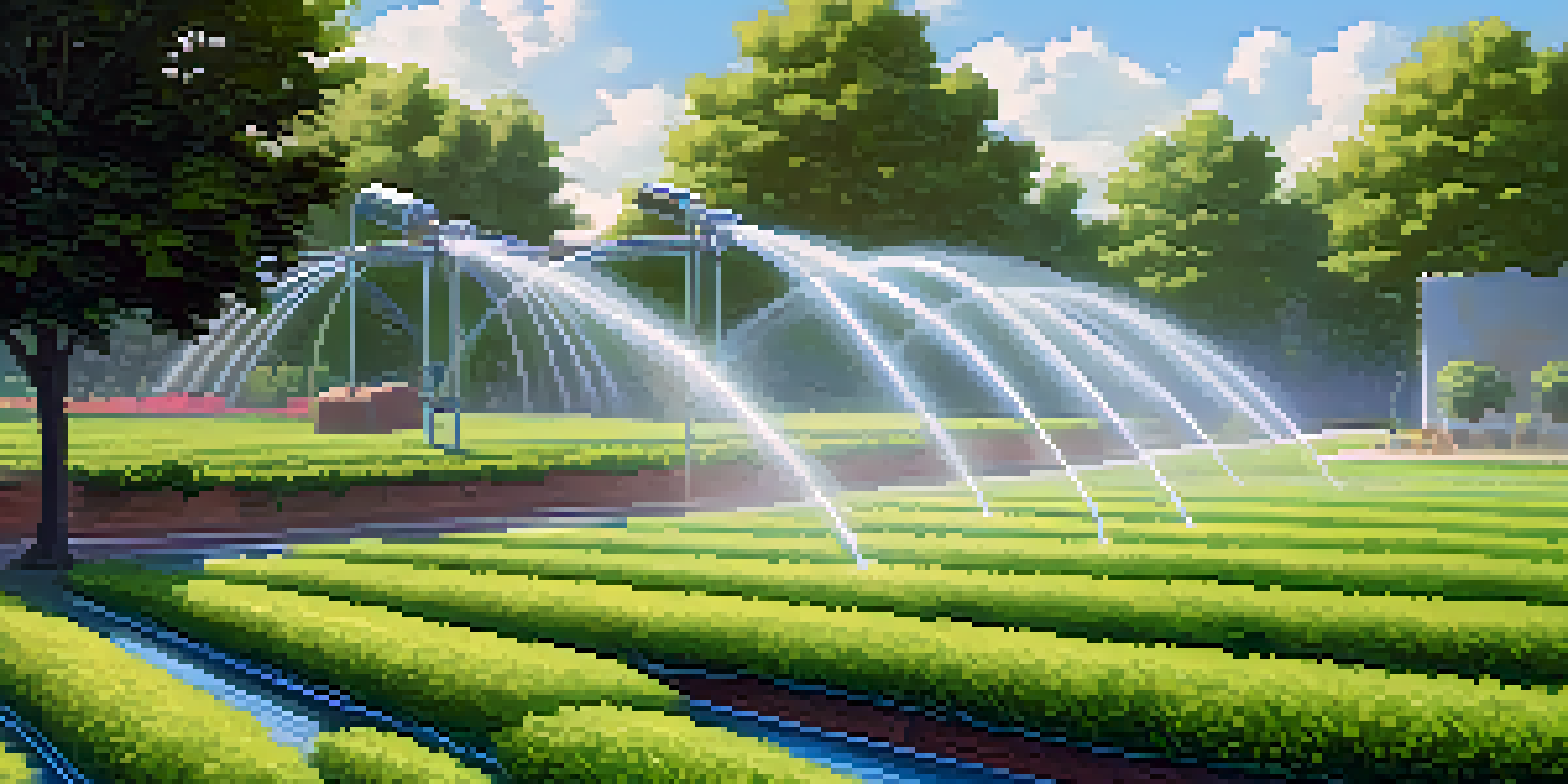 A sunny landscape with a smart irrigation system watering lush green crops under a blue sky.