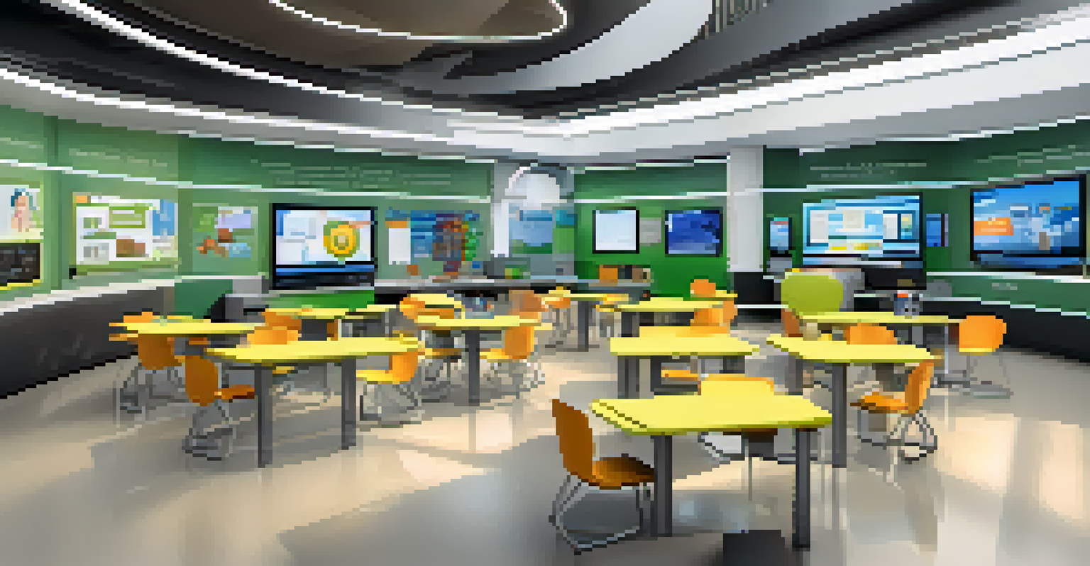 A modern classroom with personalized learning stations, showing students interacting with technology and dynamic screens displaying unique rewards.