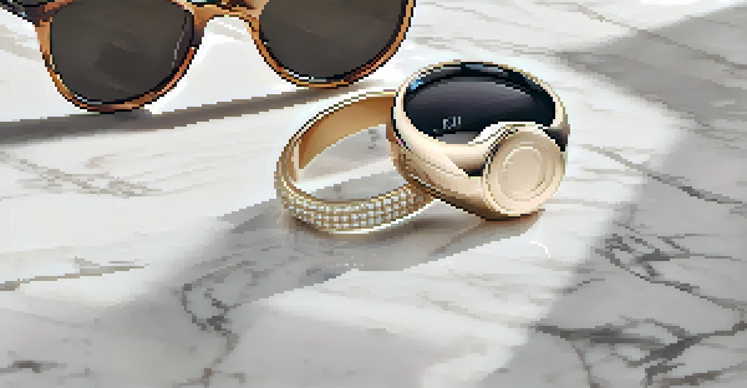 A smart ring displayed on a marble countertop with stylish accessories, highlighted by natural lighting.