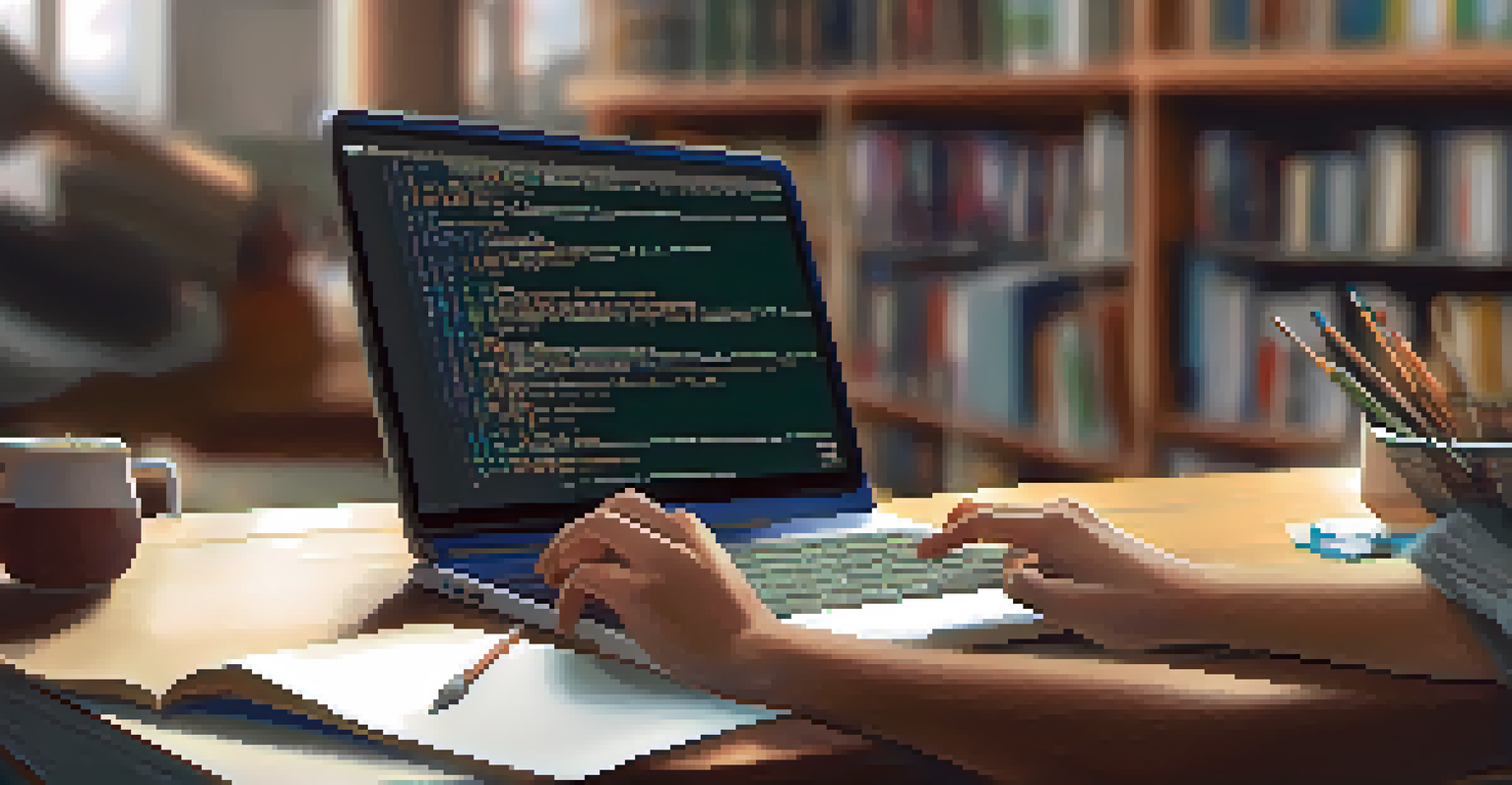 A close-up of a student's hands typing on a laptop, with code visible on the screen, set against a backdrop of books and study materials.