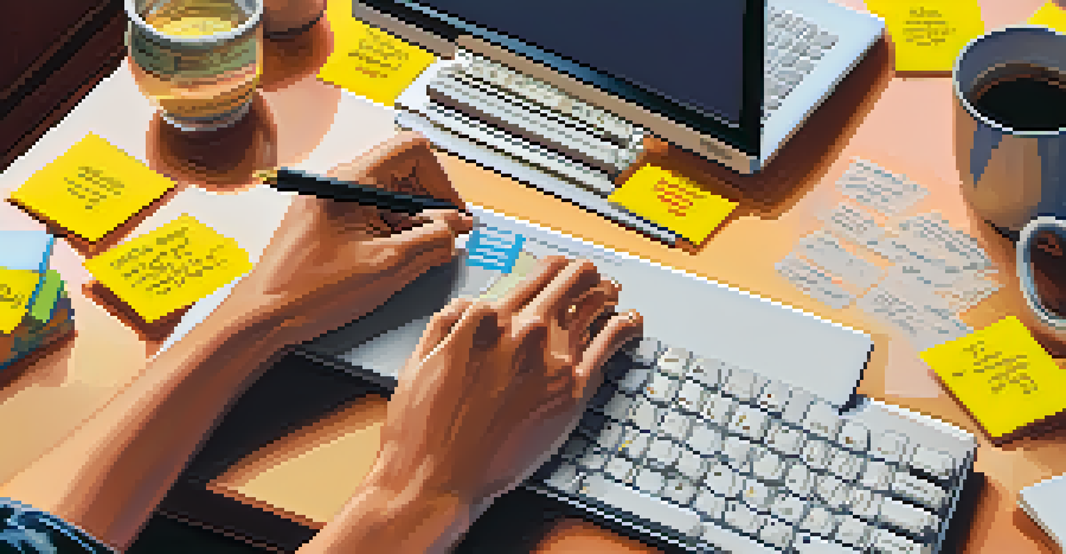 A close-up of a software developer's hands working on a laptop, surrounded by post-it notes featuring key lean principles, illuminated by soft warm light in a cozy workspace.