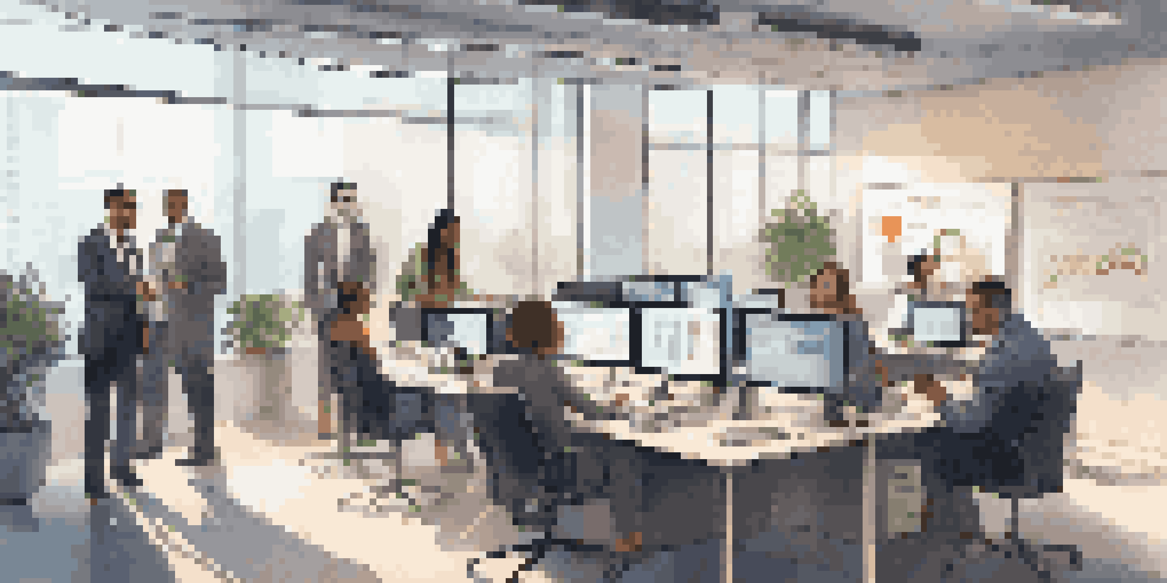 A group of diverse professionals in a modern office discussing cybersecurity incident reporting, with a digital dashboard in the background.