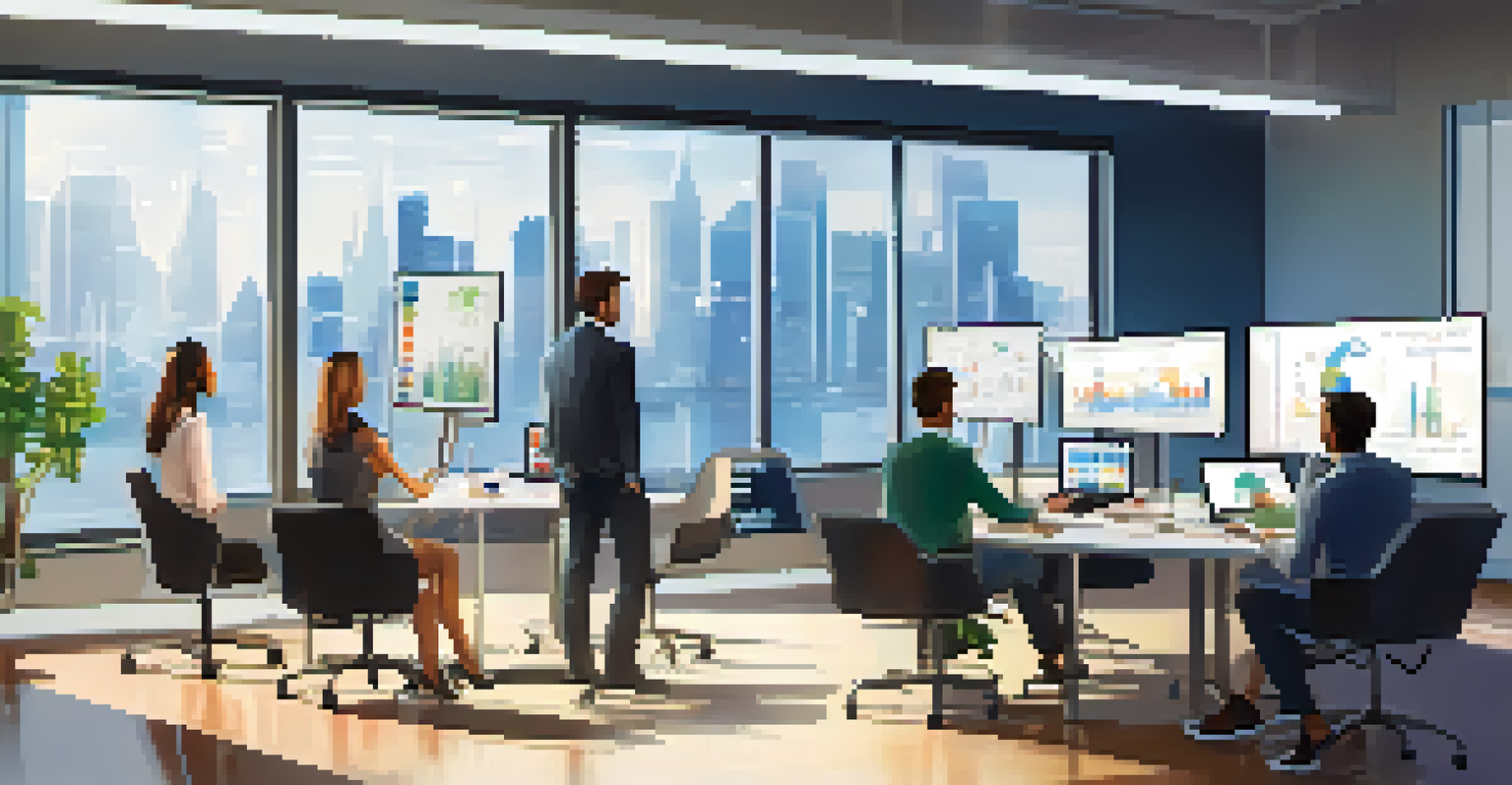 A team in an office discussing data analytics with charts on a screen.