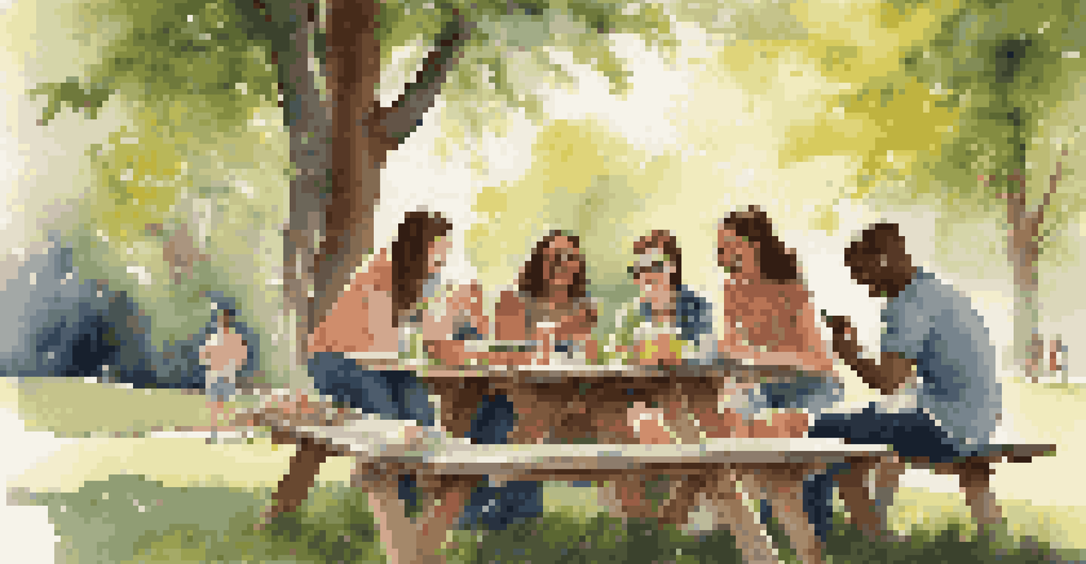 A group of friends playing games on different devices at an outdoor picnic table surrounded by trees.
