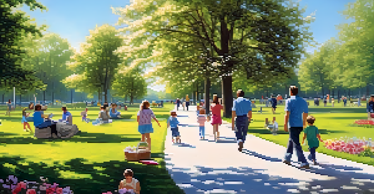 A sunny park filled with families picnic, children playing, and couples walking among blooming flowers.