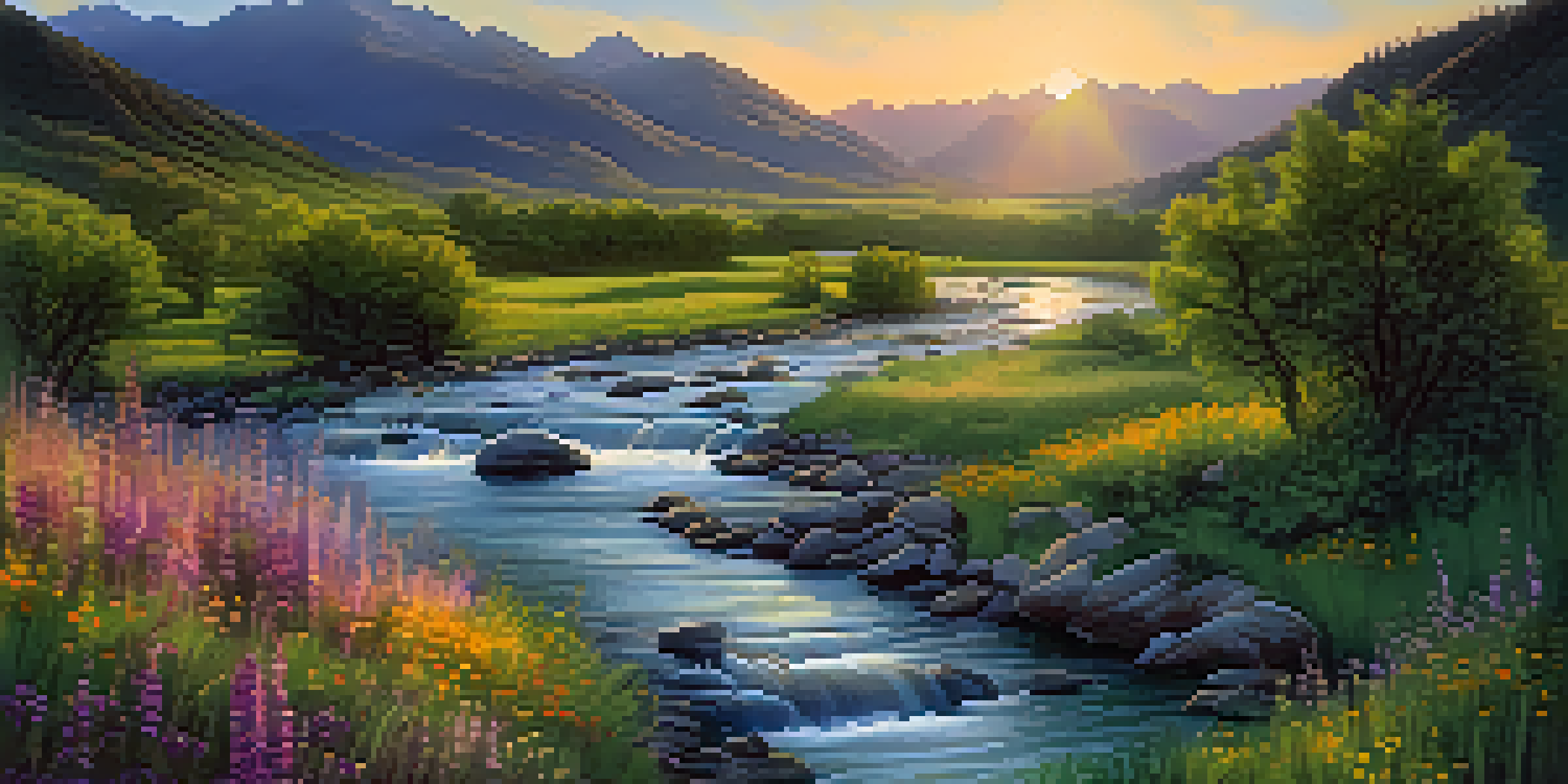 A peaceful landscape with a winding river, green valley, mountains, and a colorful sunset.