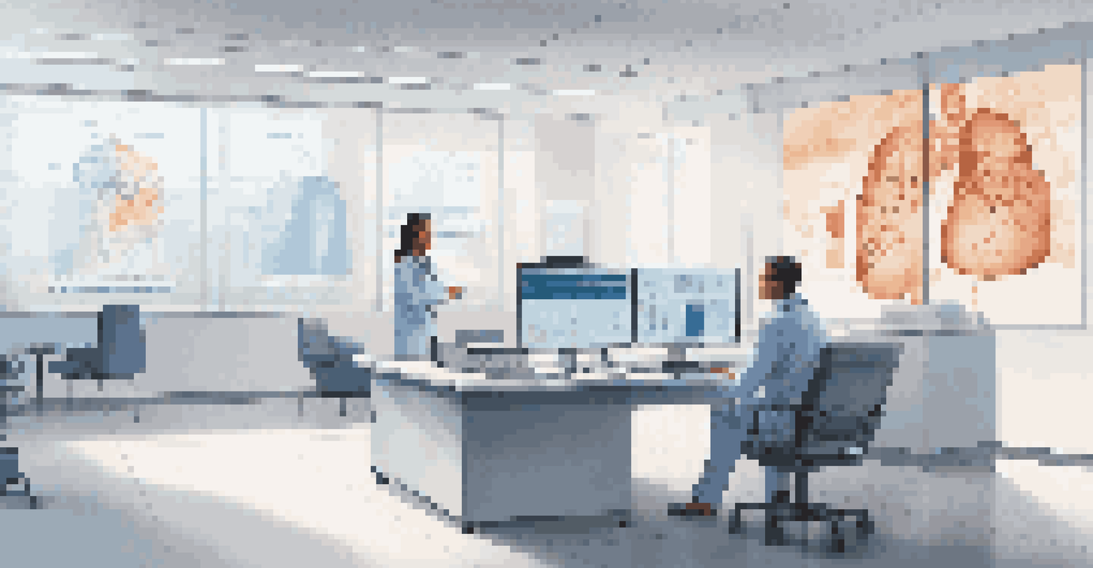 A healthcare professional analyzing data on an AI interface in a modern office.
