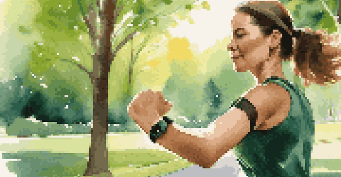A woman jogging in a park, showcasing a Fitbit Charge 5 on her wrist, with sunlight filtering through the trees.
