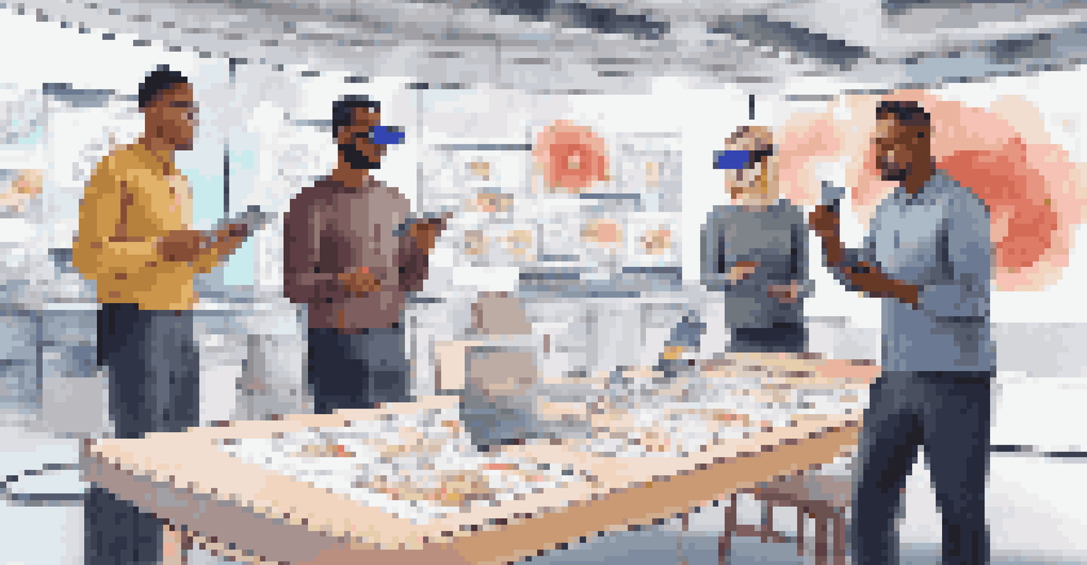 A group of retail employees participating in a training session with augmented reality headsets, engaged around a digital screen.