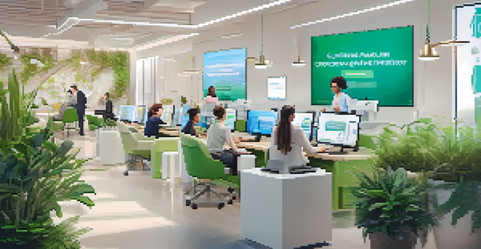 A modern customer service center with professionals interacting with virtual chatbots on their screens, in a bright and inviting atmosphere.