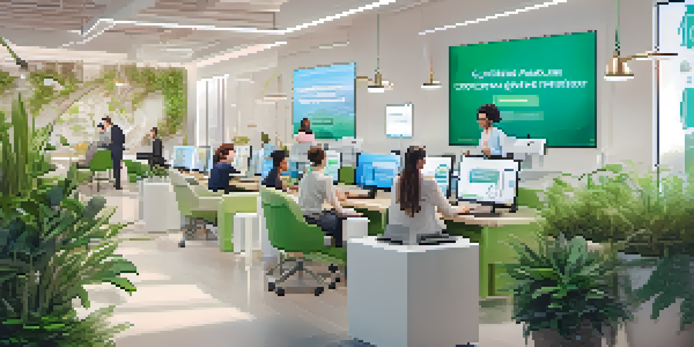 A modern customer service center with professionals interacting with virtual chatbots on their screens, in a bright and inviting atmosphere.